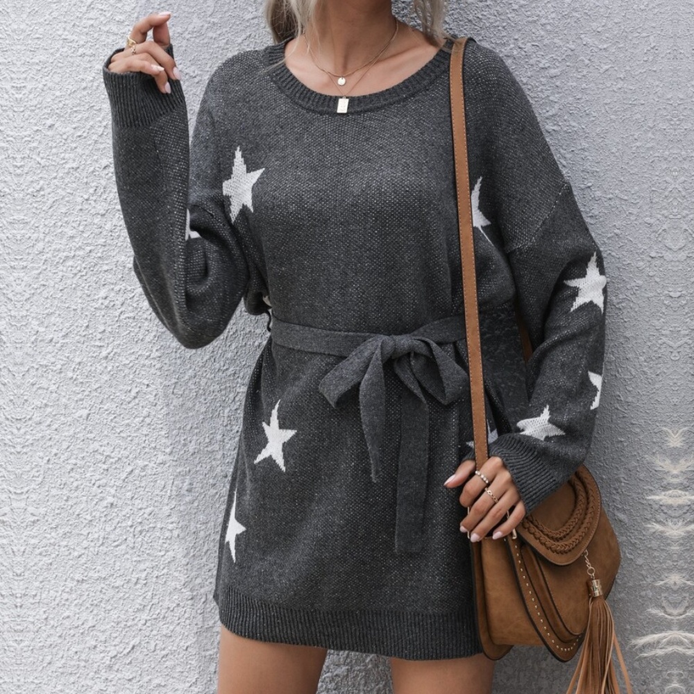 charcoal star print belted sweater dress fall - Picture 2 of 5